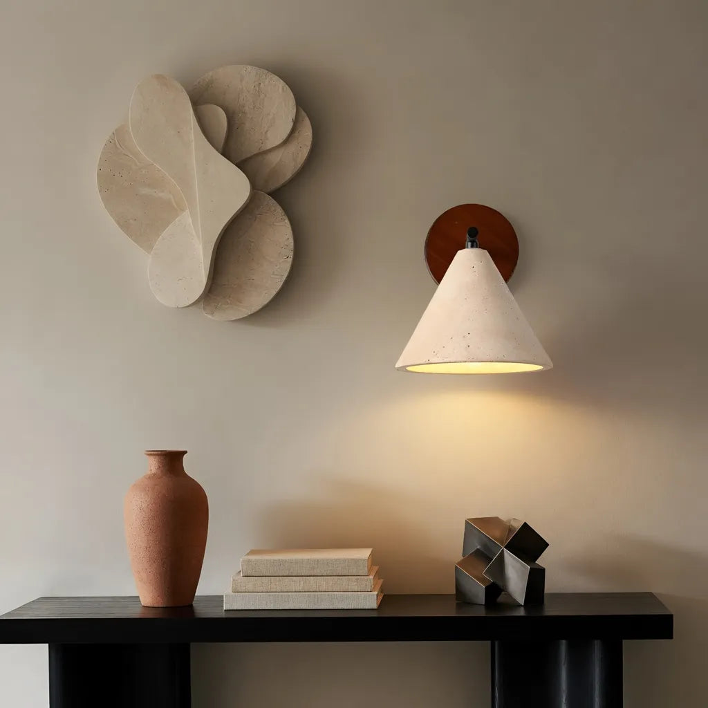 Nowoczesny stożkowy trawertynowy kinkiet drewniana podstawa - Image 12
