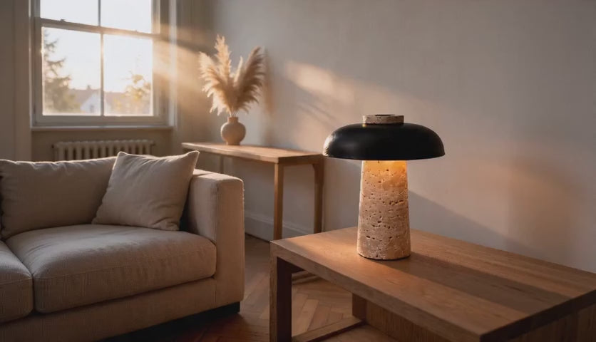 Charger la vidéo : Cinematic video of a travertine mushroom table lamp with matte black dome glowing on a wooden coffee table in sunlit living room.