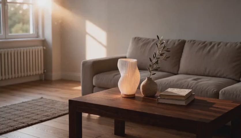 Charger la vidéo : Cinematic video of a twisted ribbed white shade lamp glowing softly on a wooden coffee table at golden hour.
