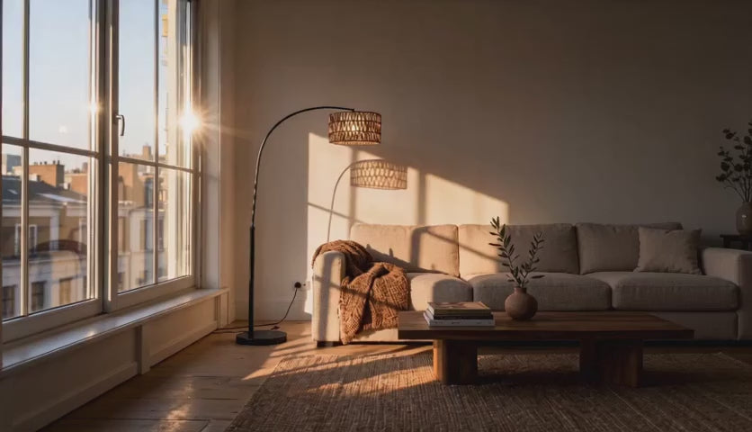 Charger la vidéo : Cinematic video of an arc floor lamp with woven rattan drum shade arching over a sunlit living room at golden hour.
