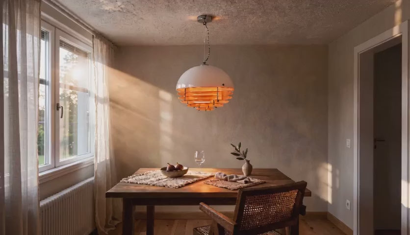 Charger la vidéo : Cinematic video of a white glass dome pendant lamp with stacked orange acrylic rings glowing above a wooden dining table near a sunlit window.