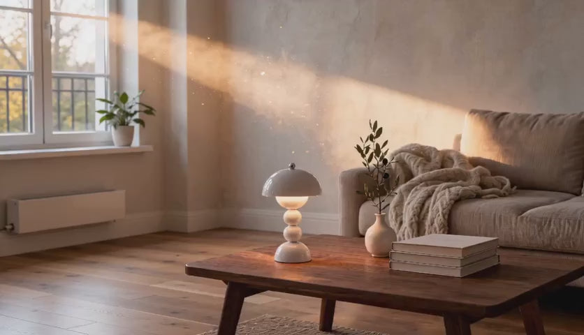 Charger la vidéo : Cinematic video of a white mushroom dome table lamp glowing softly on a wooden coffee table beside a linen sofa in sunlit living room.