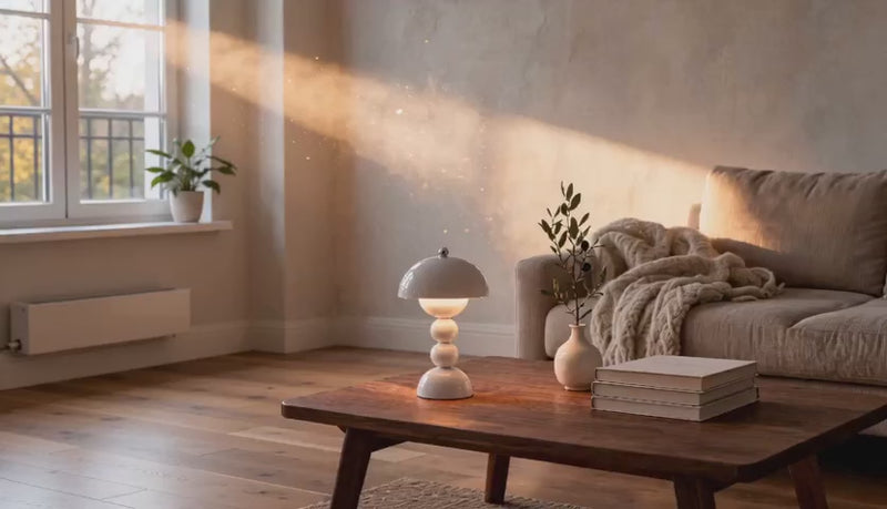 Cinematic video of a white mushroom dome table lamp glowing softly on a wooden coffee table beside a linen sofa in sunlit living room.