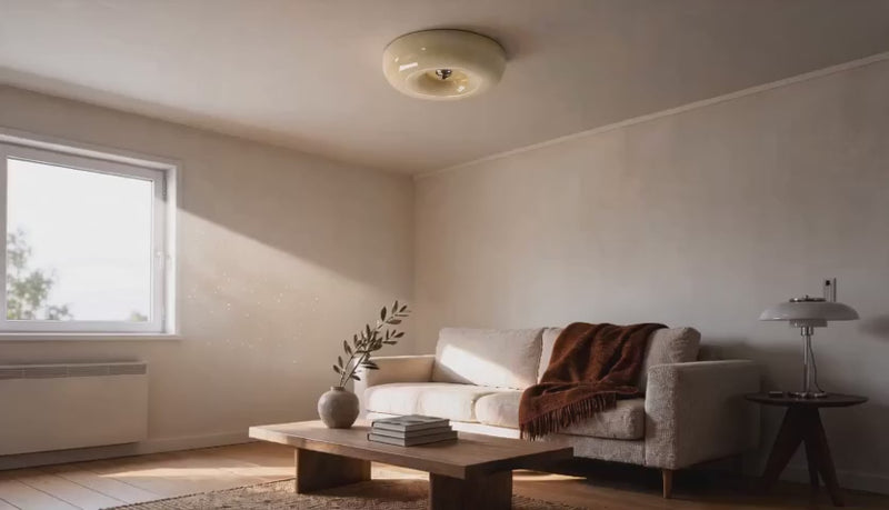 Cinematic video of a cream opal glass flush mount ceiling light glowing softly above a neutral-toned living room with sofa and coffee table.