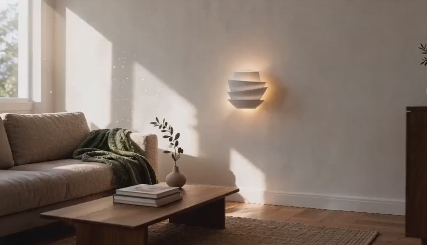 Charger la vidéo : Cinematic video of a tiered matt white petal wall sconce glowing warmly above a sofa in a sunlit living room.