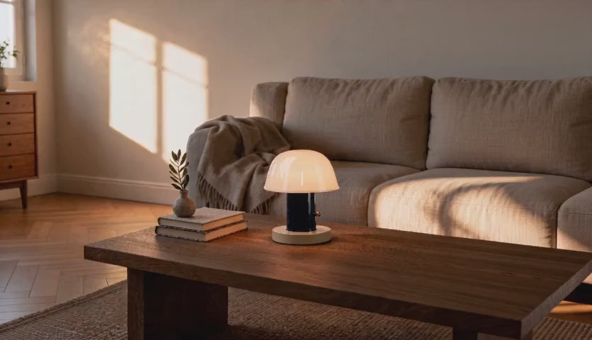 Charger la vidéo : Cinematic video of a cordless mushroom table lamp glowing softly on a wooden coffee table beside books in a sunlit living room.