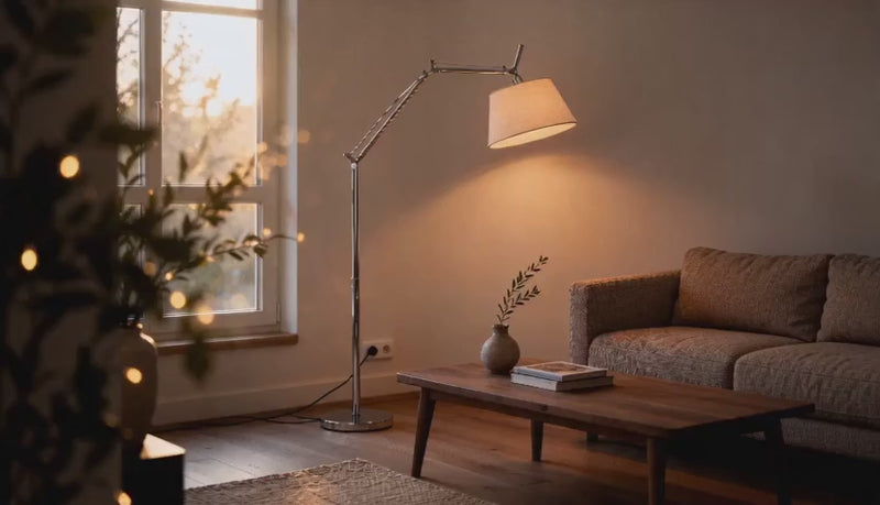 Cinematic video of an adjustable swing arm floor lamp with polished aluminum frame and ivory fabric shade glowing beside a sofa at dusk.
