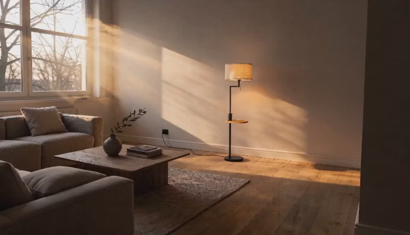 Charger la vidéo : Cinematic video of a black metal floor lamp with bamboo side shelf and cream linen drum shade glowing in a sunlit living room.